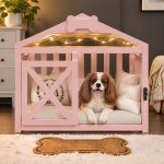 Modern pink wooden pet home with bone emblem and side door