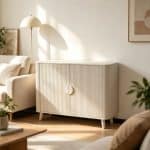 A minimalist white entryway credenza with a textured reeded facade and unique sculptural handles, framed by decorative storage baskets and a minimalist art piece, illustrating a warm home interior.