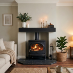 Floating Fireplace Mantel made of dark brown wood with a fine, detailed grain texture