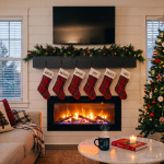 Floating fireplace mantel in a deep espresso finish, mounted above a warm fireplace