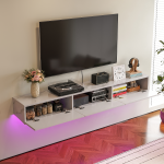 Luxury marble look wall hanging TV cabinet featuring bottom ambient lighting