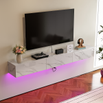 Minimalist white marble floating TV unit with customizable color LED accent lights