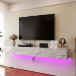 Modern floating entertainment center with LED backlight for TV and gaming room