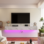 Wall mounted floating media console with marble texture and ambient LED underlighting