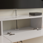 Wall mounted media shelf with marble finish and remote controlled LED lighting