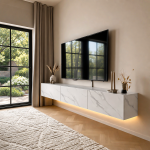 White marble pattern floating TV bench with blue ambient LED strip for living room