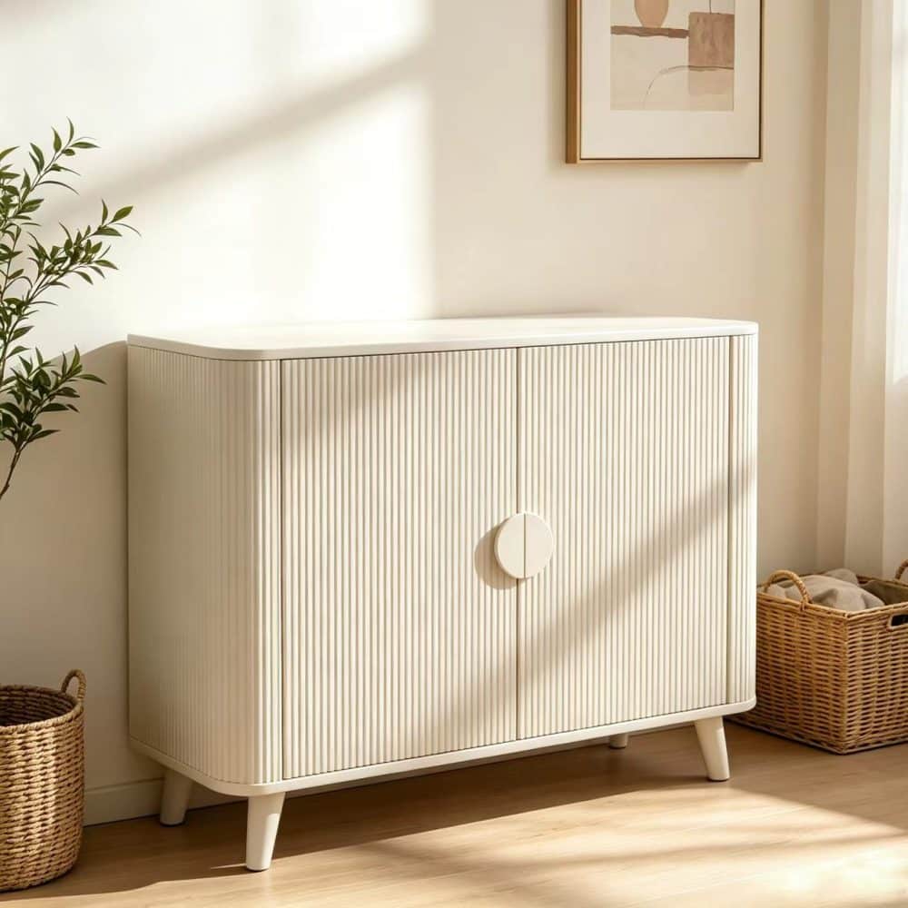 white storage cabinet featuring vertical fluted panels, rounded safety corners, and circular door pulls, set on elegant tapered legs.