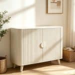white storage cabinet featuring vertical fluted panels, rounded safety corners, and circular door pulls, set on elegant tapered legs.